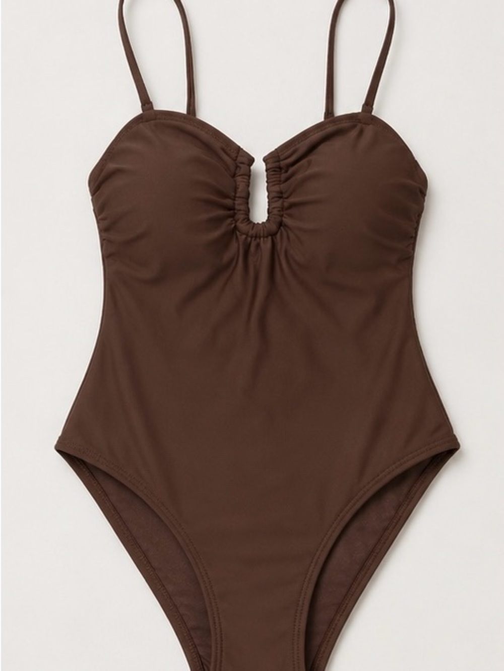 Caroline Constas Brown Ruched V-Notch One-Piece Swimsuit